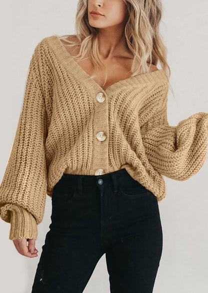 Pisania Women's Chunky Knit Open Front Sweater Long Sleeve Button Loose Short Cardigan Outerwear Coats