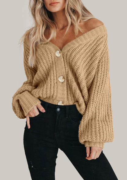 Pisania Women's Chunky Knit Open Front Sweater Long Sleeve Button Loose Short Cardigan Outerwear Coats