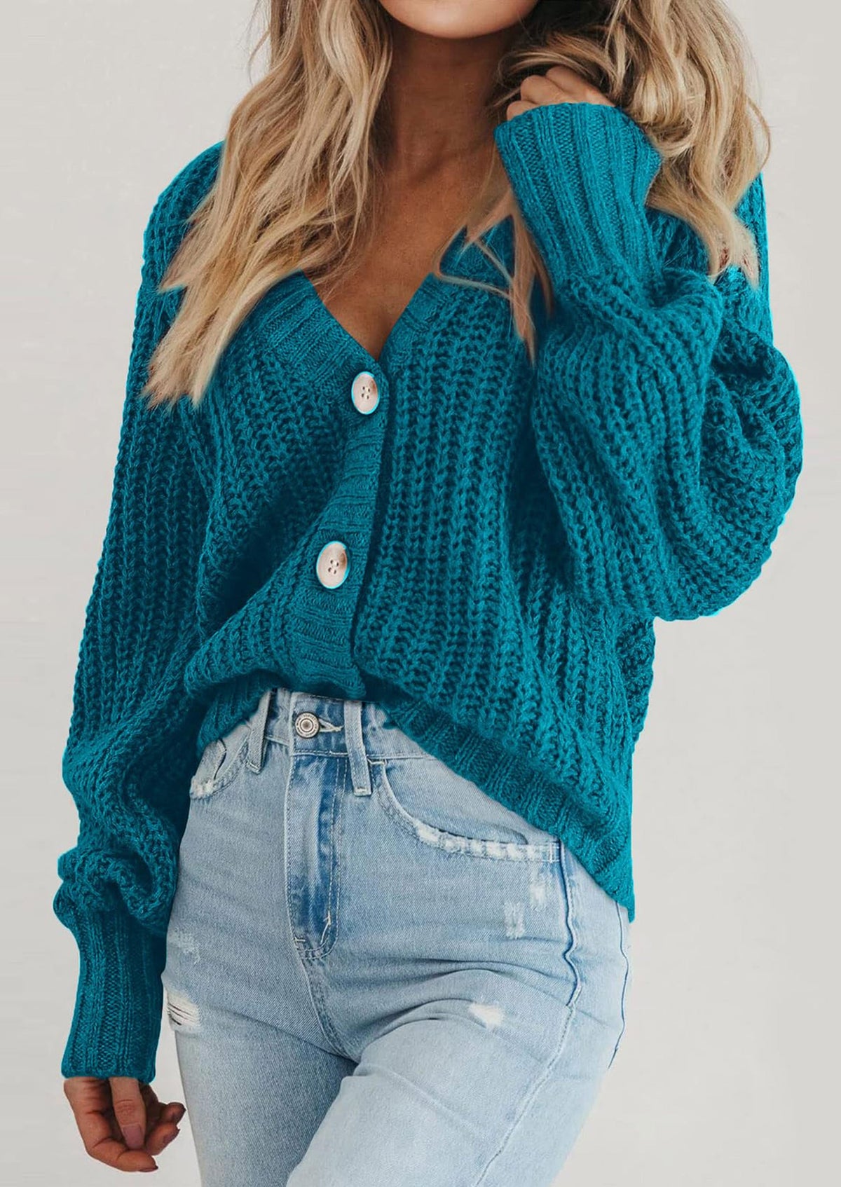 Pisania Women's Chunky Knit Open Front Sweater Long Sleeve Button Loose Short Cardigan Outerwear Coats