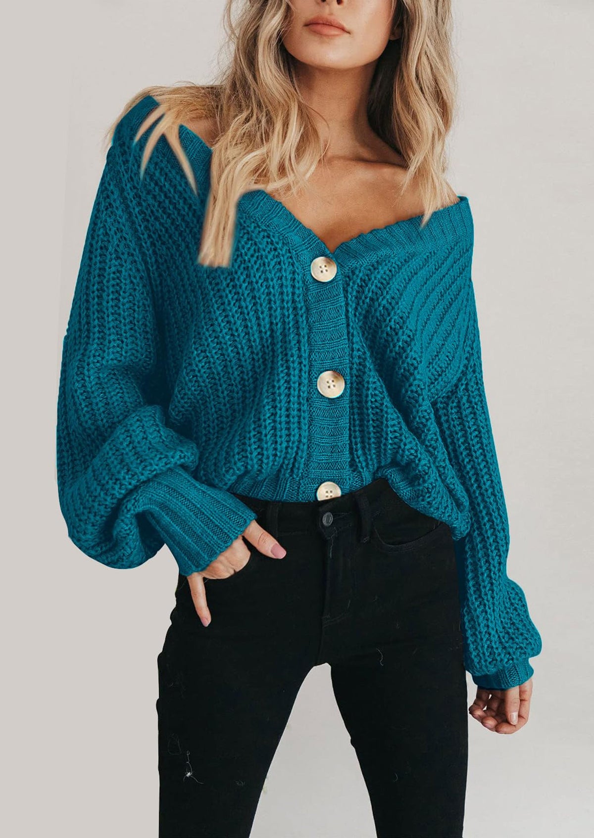 Pisania Women's Chunky Knit Open Front Sweater Long Sleeve Button Loose Short Cardigan Outerwear Coats