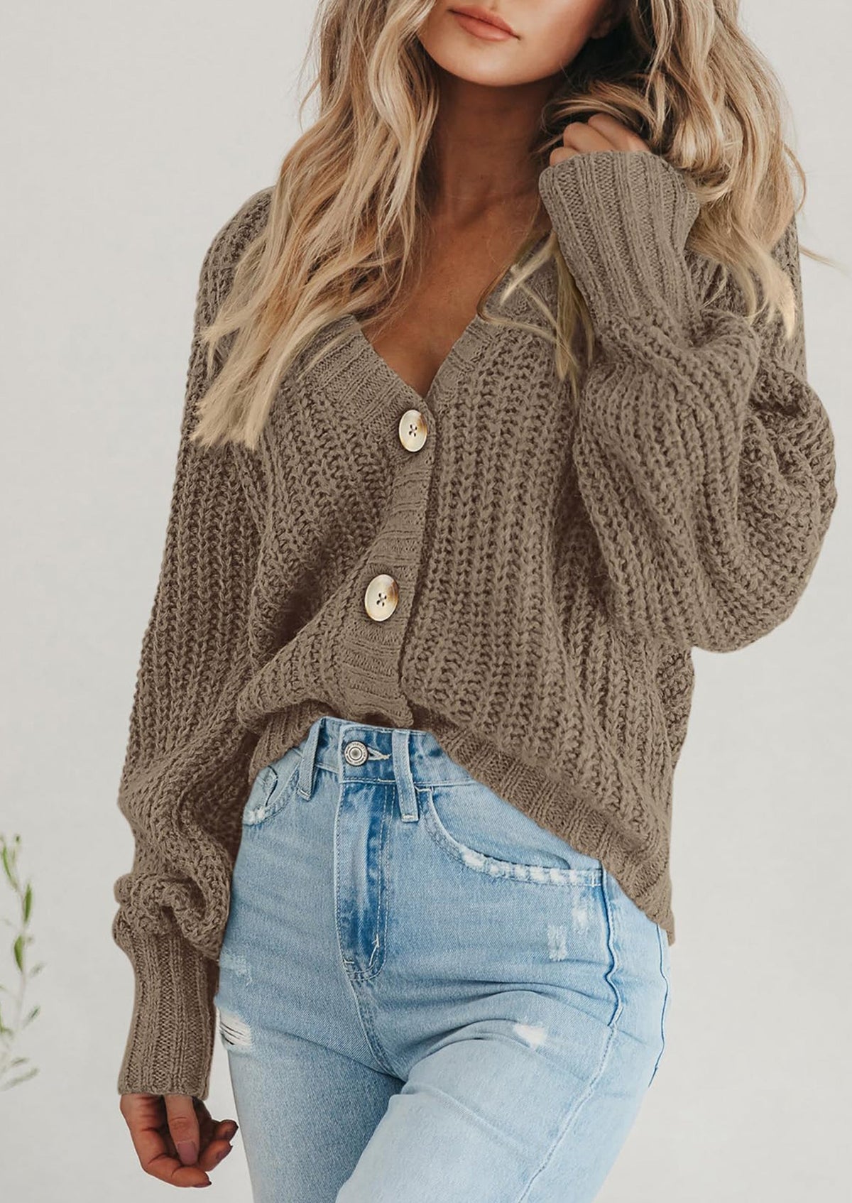 Pisania Women's Chunky Knit Open Front Sweater Long Sleeve Button Loose Short Cardigan Outerwear Coats