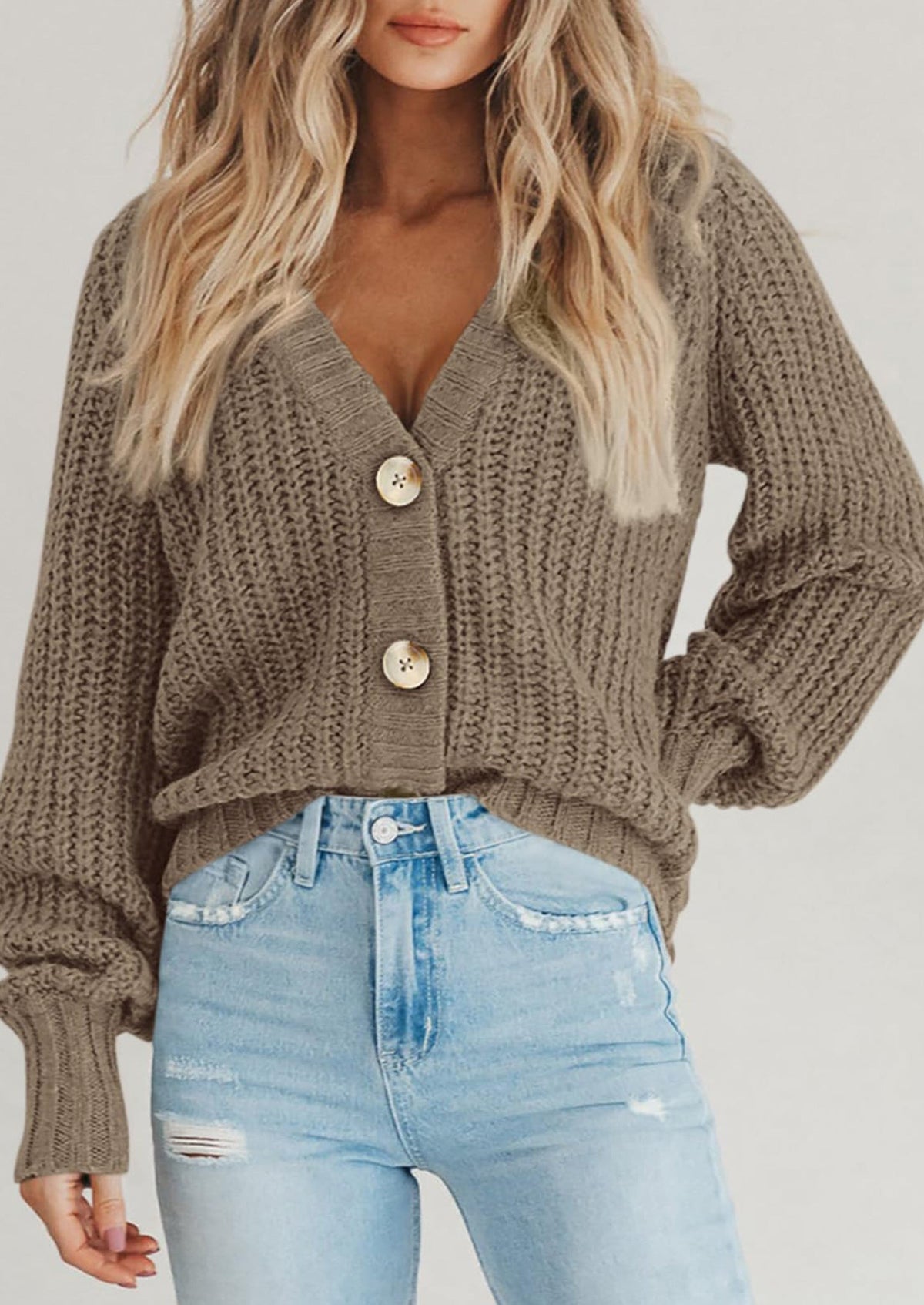 Pisania Women's Chunky Knit Open Front Sweater Long Sleeve Button Loose Short Cardigan Outerwear Coats