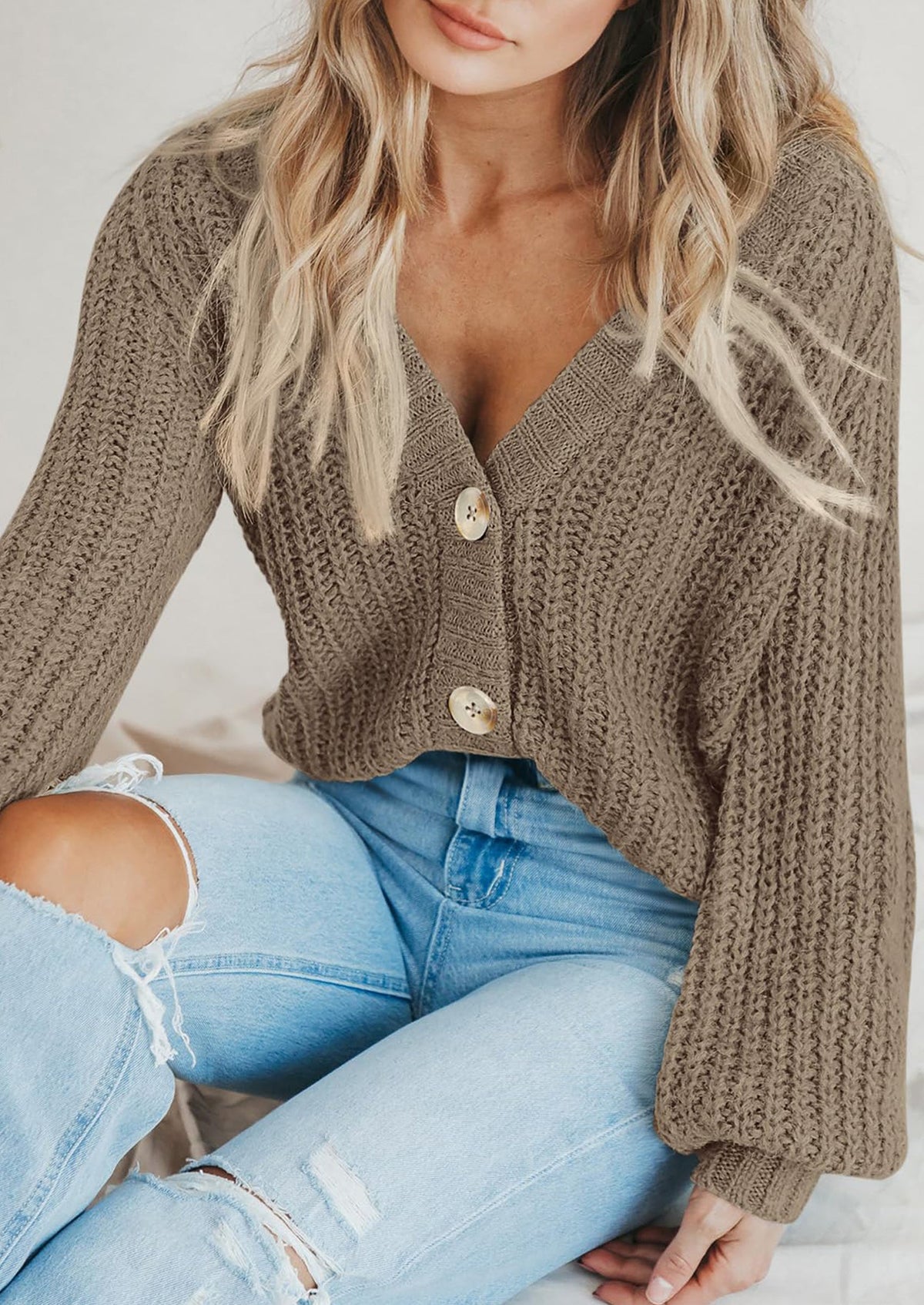 Pisania Women's Chunky Knit Open Front Sweater Long Sleeve Button Loose Short Cardigan Outerwear Coats