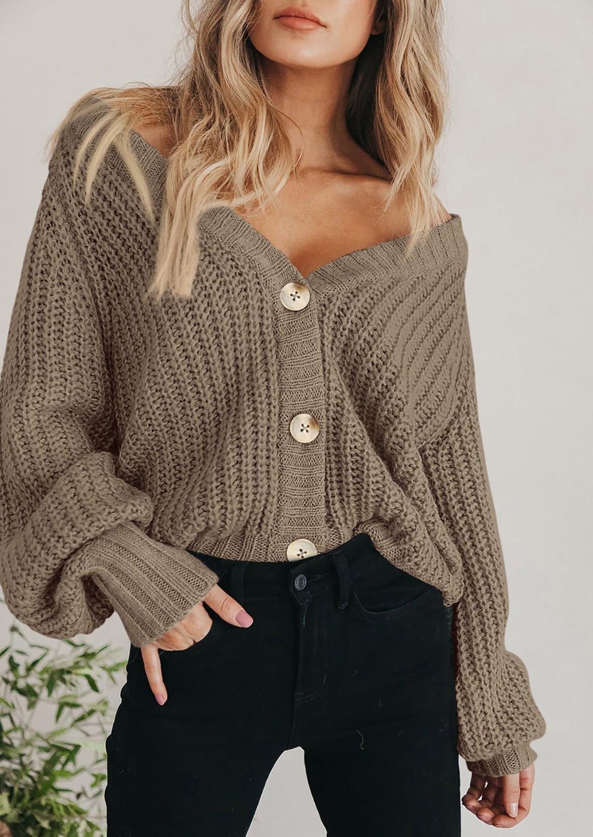 Pisania Women's Chunky Knit Open Front Sweater Long Sleeve Button Loose Short Cardigan Outerwear Coats