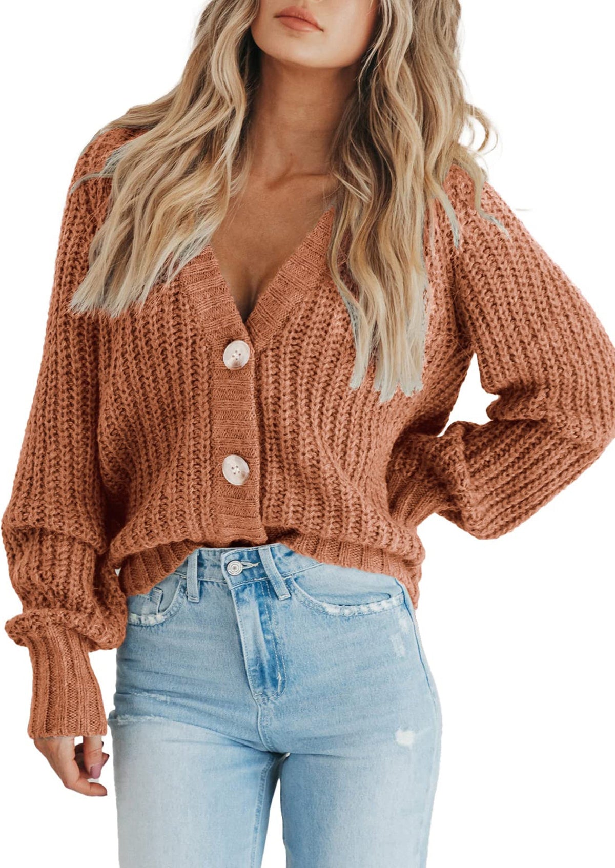 Pisania Women's Chunky Knit Open Front Sweater Long Sleeve Button Loose Short Cardigan Outerwear Coats