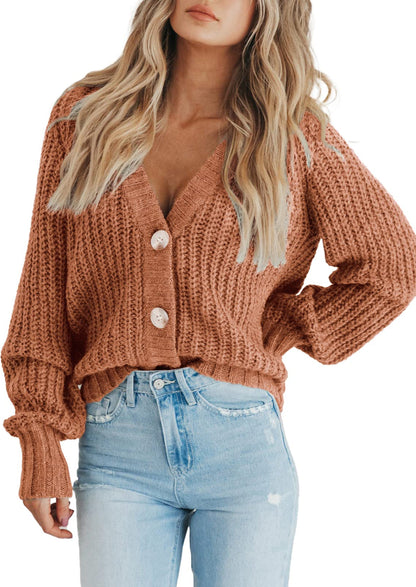 Pisania Women's Chunky Knit Open Front Sweater Long Sleeve Button Loose Short Cardigan Outerwear Coats