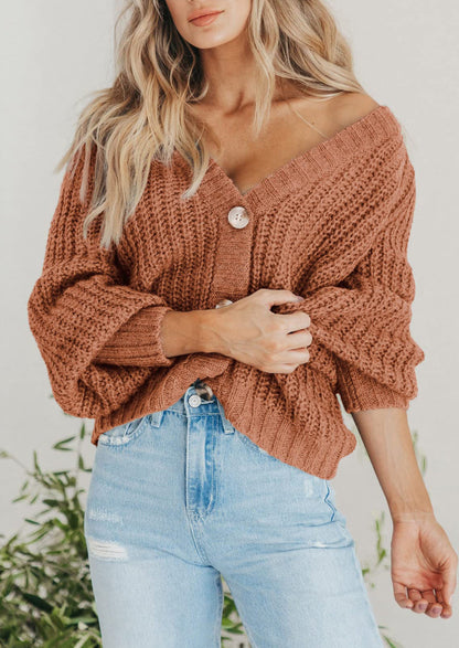 Pisania Women's Chunky Knit Open Front Sweater Long Sleeve Button Loose Short Cardigan Outerwear Coats