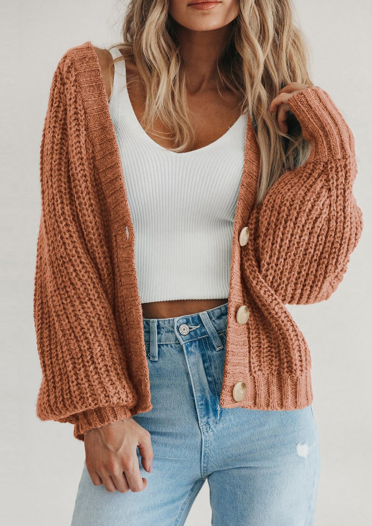 Pisania Women's Chunky Knit Open Front Sweater Long Sleeve Button Loose Short Cardigan Outerwear Coats