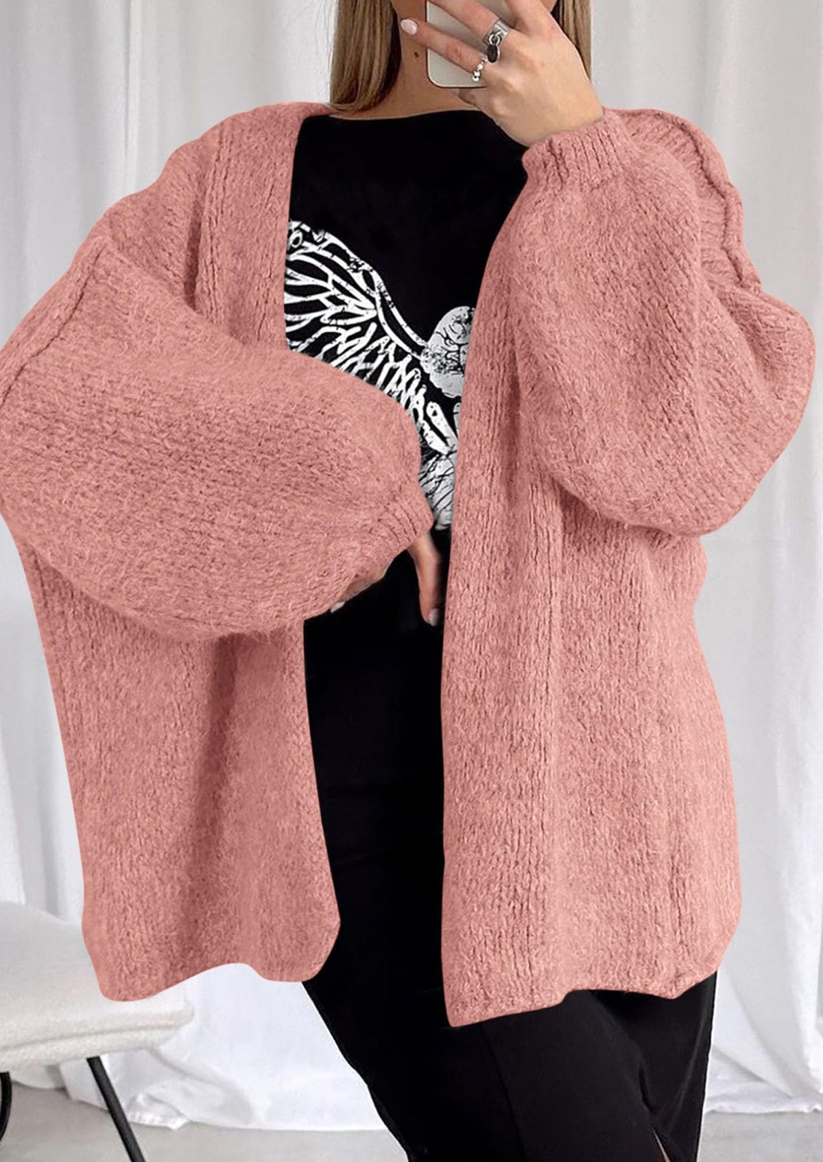 Pisania Womens Oversized Cardigan Sweaters Fall Long Lantern Sleeve Knit Open Front Lightweight Sweater