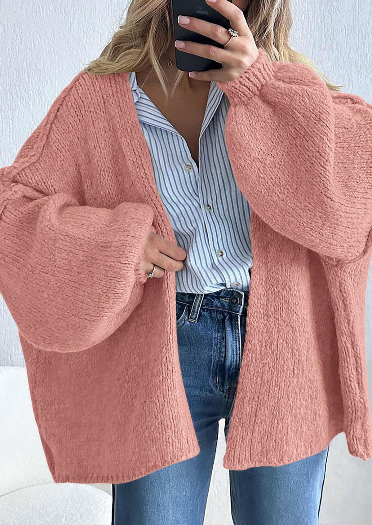 Pisania Womens Oversized Cardigan Sweaters Fall Long Lantern Sleeve Knit Open Front Lightweight Sweater