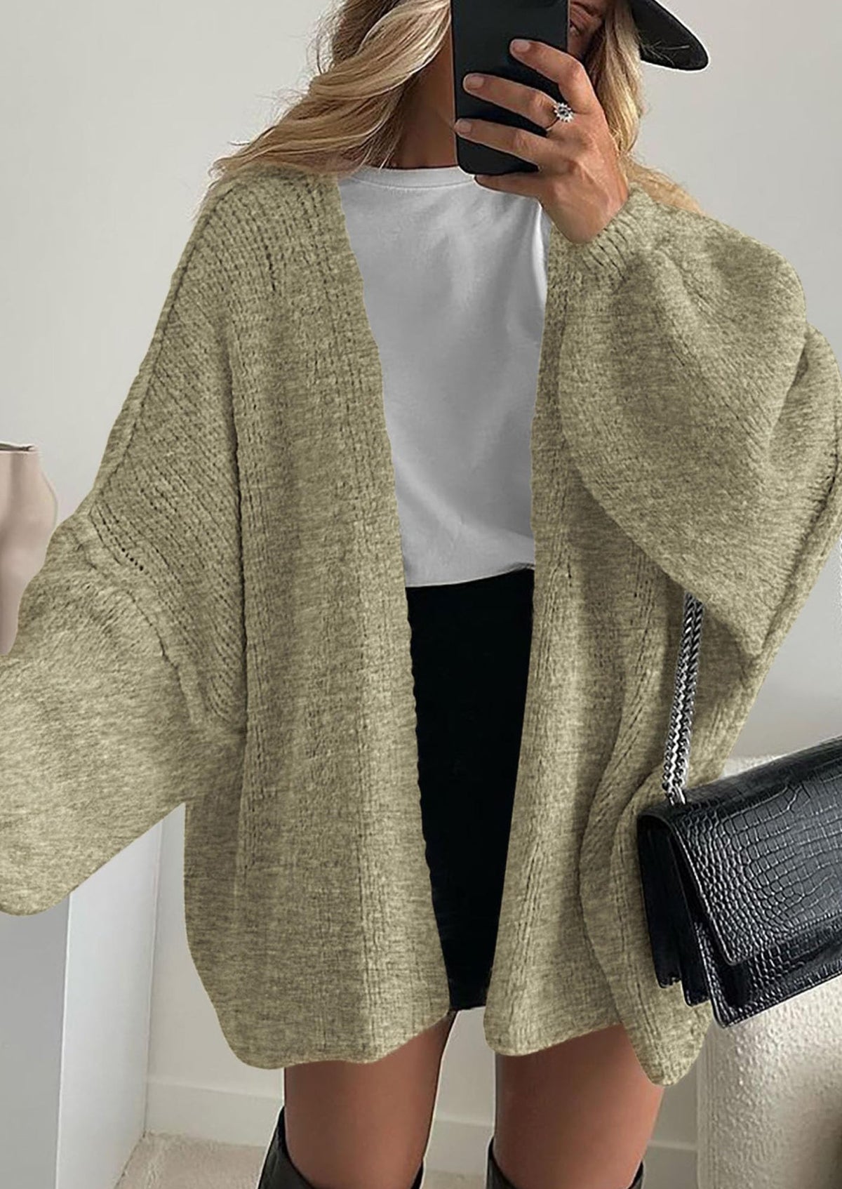 Pisania Womens Oversized Cardigan Sweaters Fall Long Lantern Sleeve Knit Open Front Lightweight Sweater