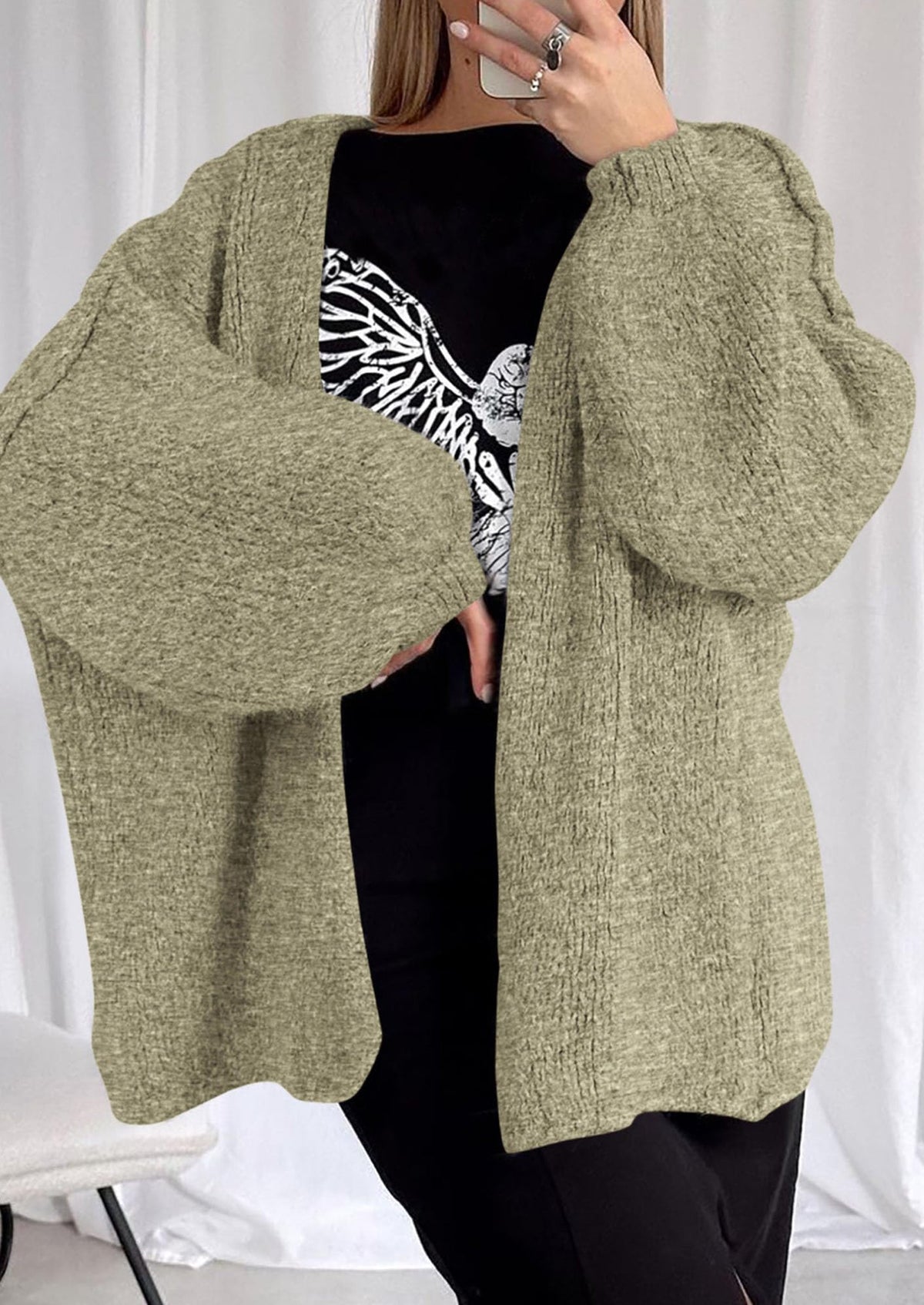 Pisania Womens Oversized Cardigan Sweaters Fall Long Lantern Sleeve Knit Open Front Lightweight Sweater
