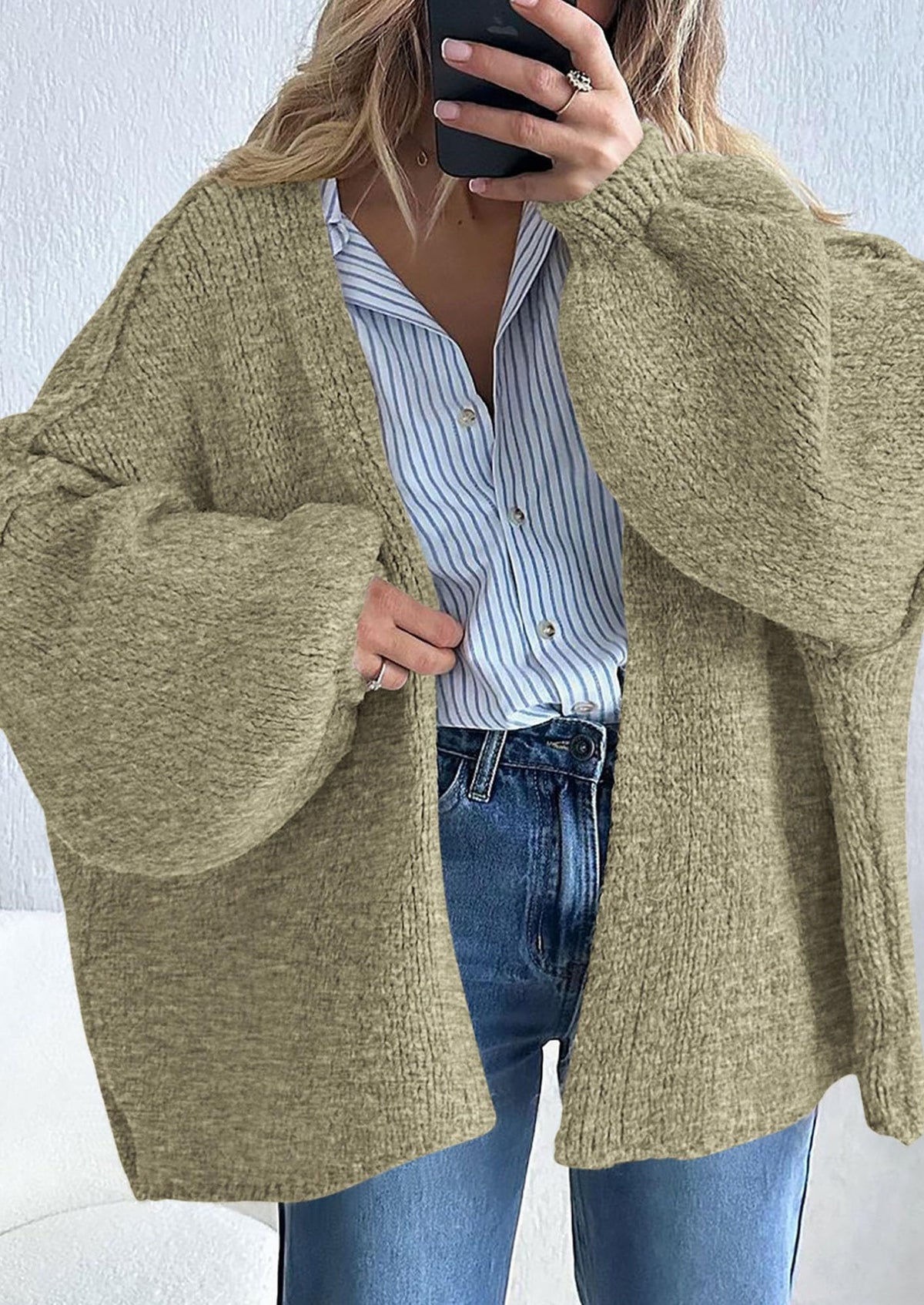 Pisania Womens Oversized Cardigan Sweaters Fall Long Lantern Sleeve Knit Open Front Lightweight Sweater