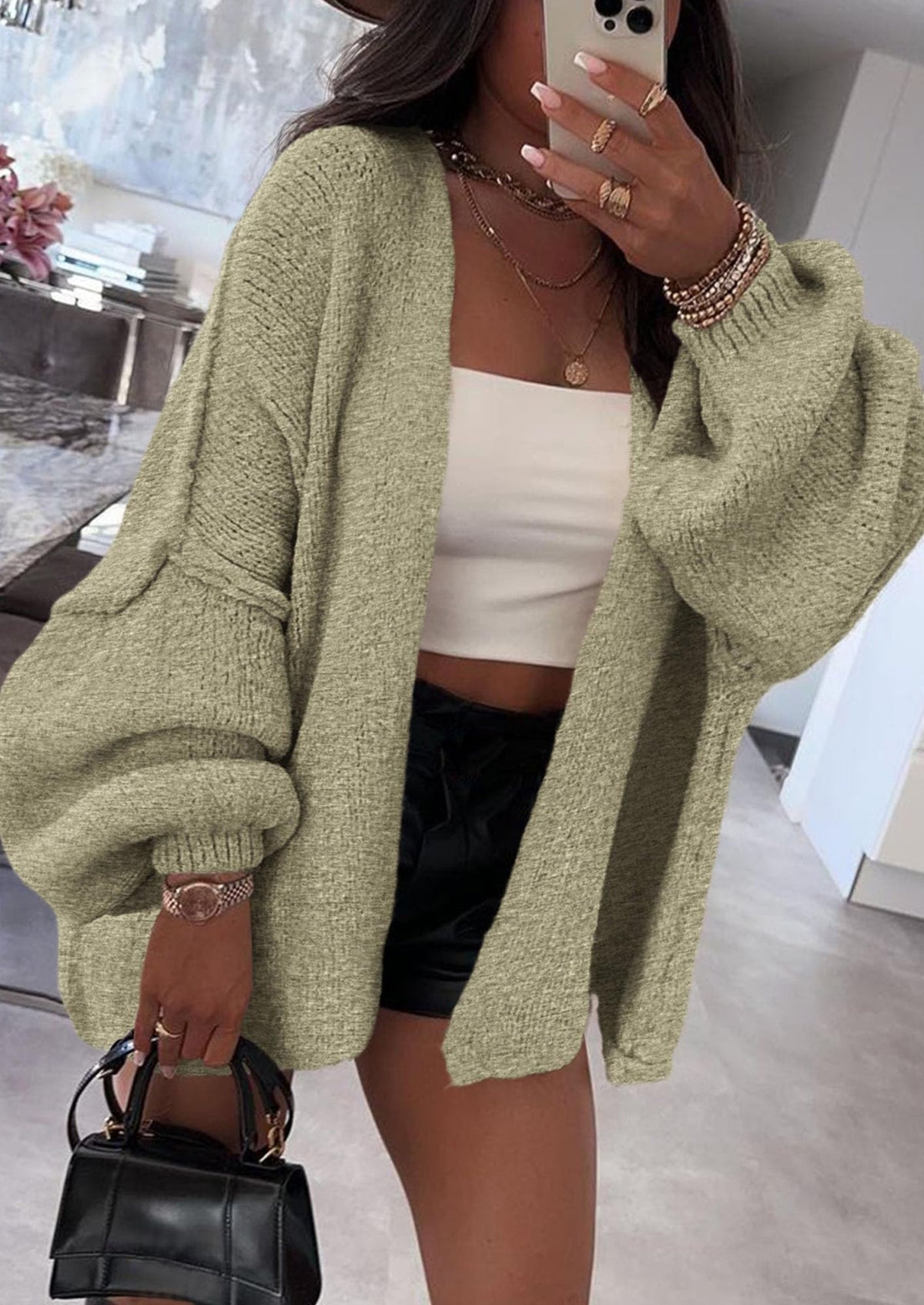 Pisania Womens Oversized Cardigan Sweaters Fall Long Lantern Sleeve Knit Open Front Lightweight Sweater