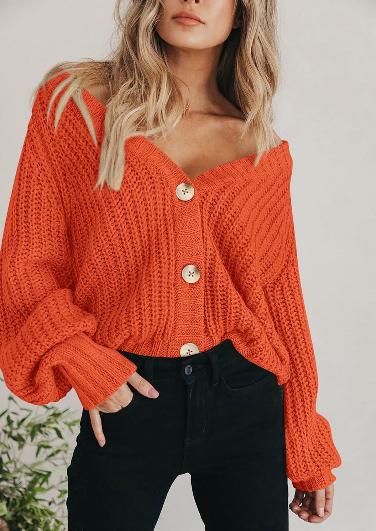 Pisania Women's Chunky Knit Open Front Sweater Long Sleeve Button Loose Short Cardigan Outerwear Coats