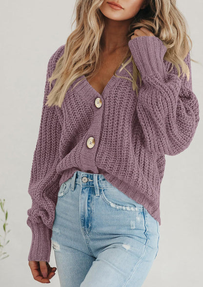 Pisania Women's Chunky Knit Open Front Sweater Long Sleeve Button Loose Short Cardigan Outerwear Coats