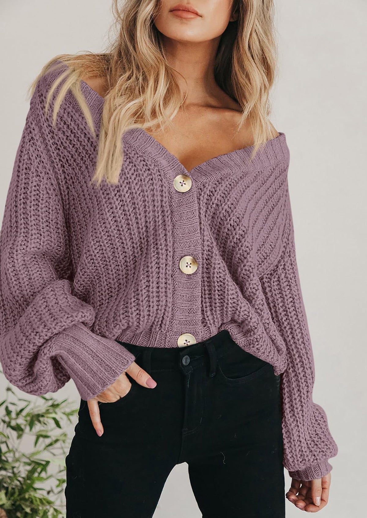 Pisania Women's Chunky Knit Open Front Sweater Long Sleeve Button Loose Short Cardigan Outerwear Coats