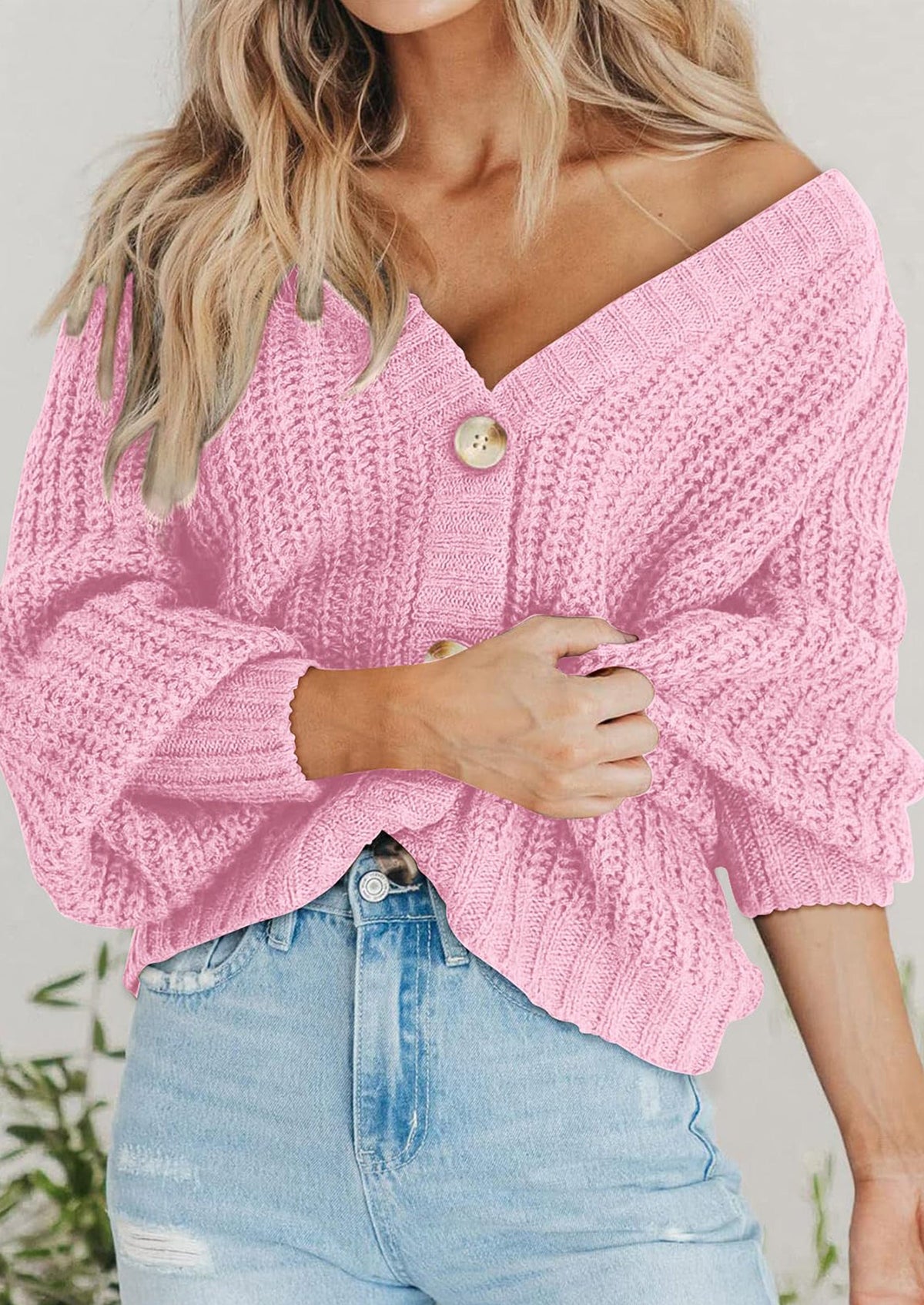 Pisania Women's Chunky Knit Open Front Sweater Long Sleeve Button Loose Short Cardigan Outerwear Coats