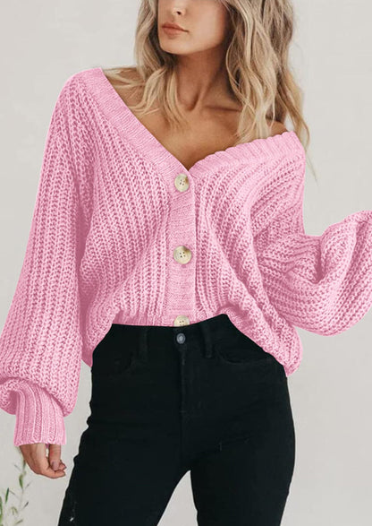 Pisania Women's Chunky Knit Open Front Sweater Long Sleeve Button Loose Short Cardigan Outerwear Coats