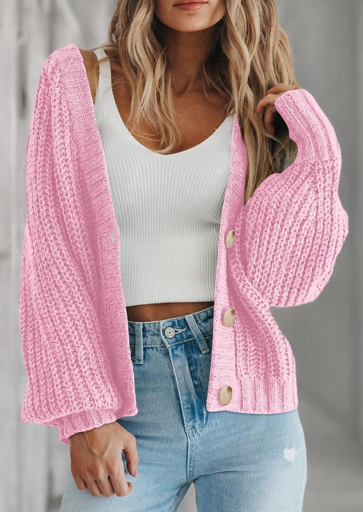 Pisania Women's Chunky Knit Open Front Sweater Long Sleeve Button Loose Short Cardigan Outerwear Coats