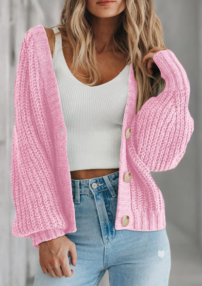 Pisania Women's Chunky Knit Open Front Sweater Long Sleeve Button Loose Short Cardigan Outerwear Coats