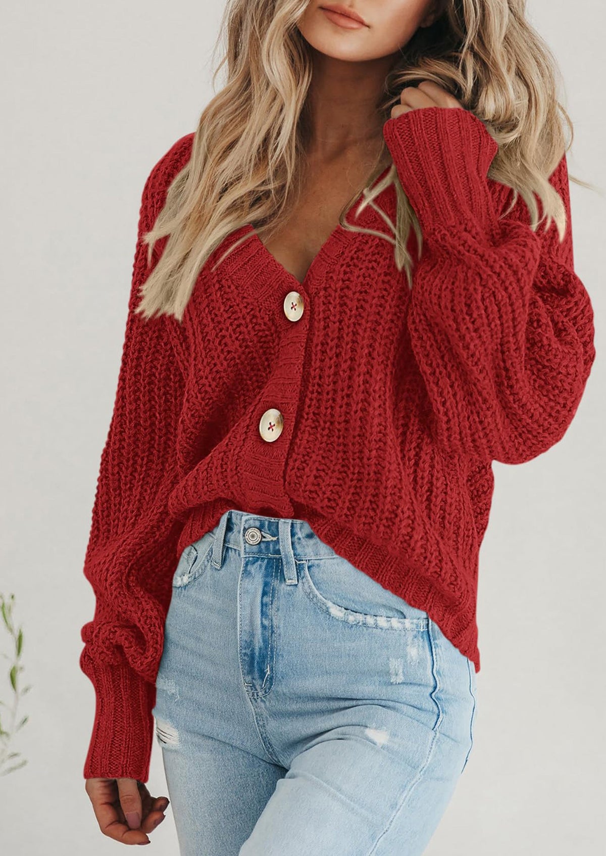 Pisania Women's Chunky Knit Open Front Sweater Long Sleeve Button Loose Short Cardigan Outerwear Coats