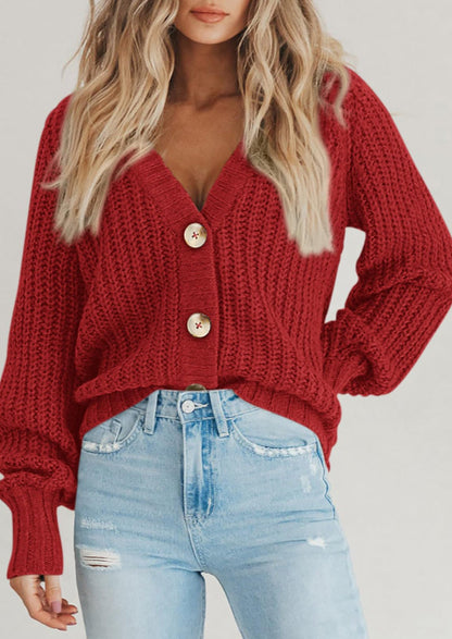 Pisania Women's Chunky Knit Open Front Sweater Long Sleeve Button Loose Short Cardigan Outerwear Coats