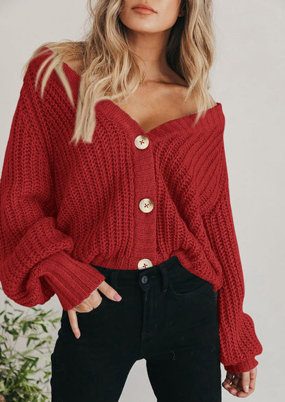 Pisania Women's Chunky Knit Open Front Sweater Long Sleeve Button Loose Short Cardigan Outerwear Coats