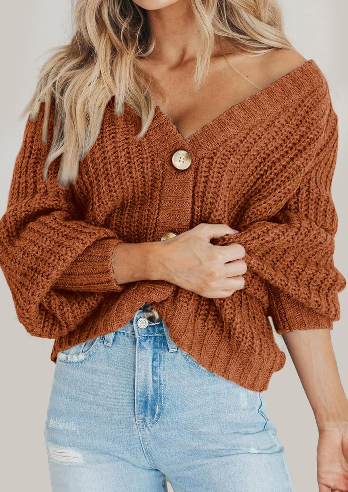 Pisania Women's Chunky Knit Open Front Sweater Long Sleeve Button Loose Short Cardigan Outerwear Coats
