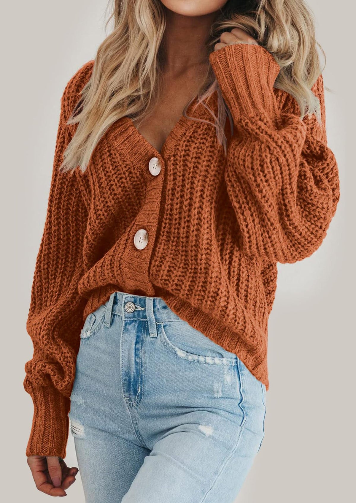 Pisania Women's Chunky Knit Open Front Sweater Long Sleeve Button Loose Short Cardigan Outerwear Coats