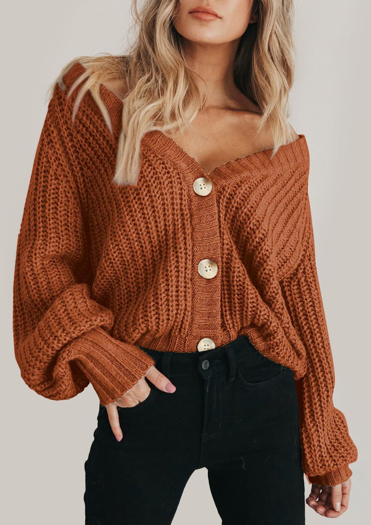 Pisania Women's Chunky Knit Open Front Sweater Long Sleeve Button Loose Short Cardigan Outerwear Coats