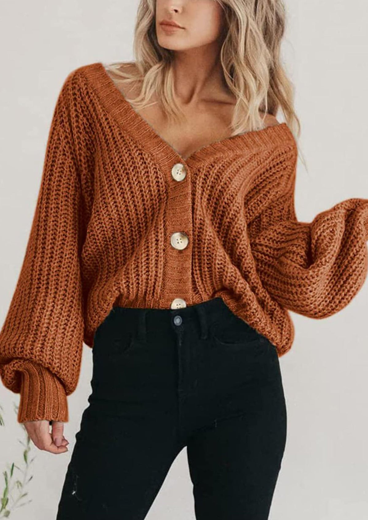 Pisania Women's Chunky Knit Open Front Sweater Long Sleeve Button Loose Short Cardigan Outerwear Coats