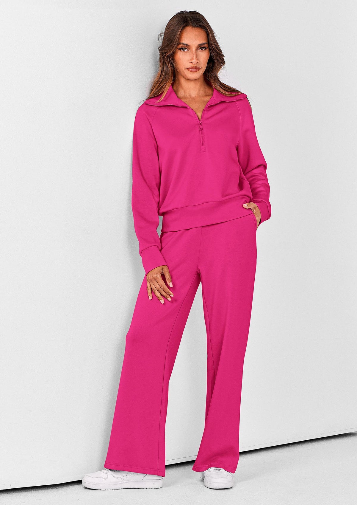 Pisania Women's 2 Piece Outfits Casual Lapel Half Zip Sweatshirts And Wide Leg Pants Tracksuit Sets