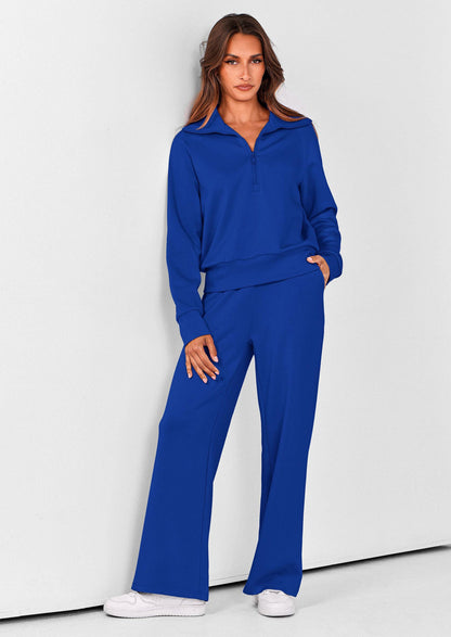 Pisania Women's 2 Piece Outfits Casual Lapel Half Zip Sweatshirts And Wide Leg Pants Tracksuit Sets