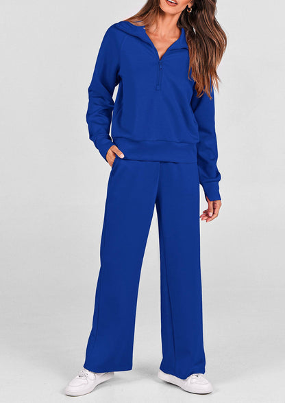 Pisania Women's 2 Piece Outfits Casual Lapel Half Zip Sweatshirts And Wide Leg Pants Tracksuit Sets