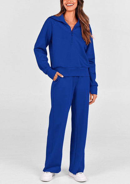 Pisania Women's 2 Piece Outfits Casual Lapel Half Zip Sweatshirts And Wide Leg Pants Tracksuit Sets