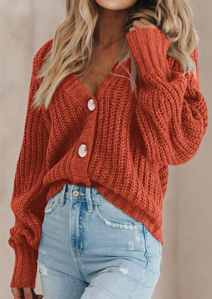 Pisania Women's Chunky Knit Open Front Sweater Long Sleeve Button Loose Short Cardigan Outerwear Coats