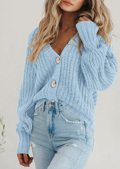 Pisania Women's Chunky Knit Open Front Sweater Long Sleeve Button Loose Short Cardigan Outerwear Coats