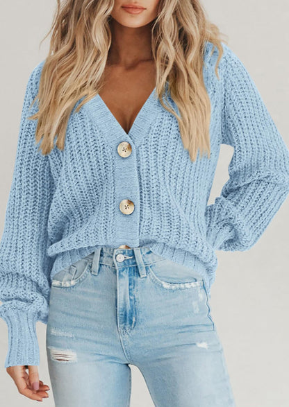 Pisania Women's Chunky Knit Open Front Sweater Long Sleeve Button Loose Short Cardigan Outerwear Coats