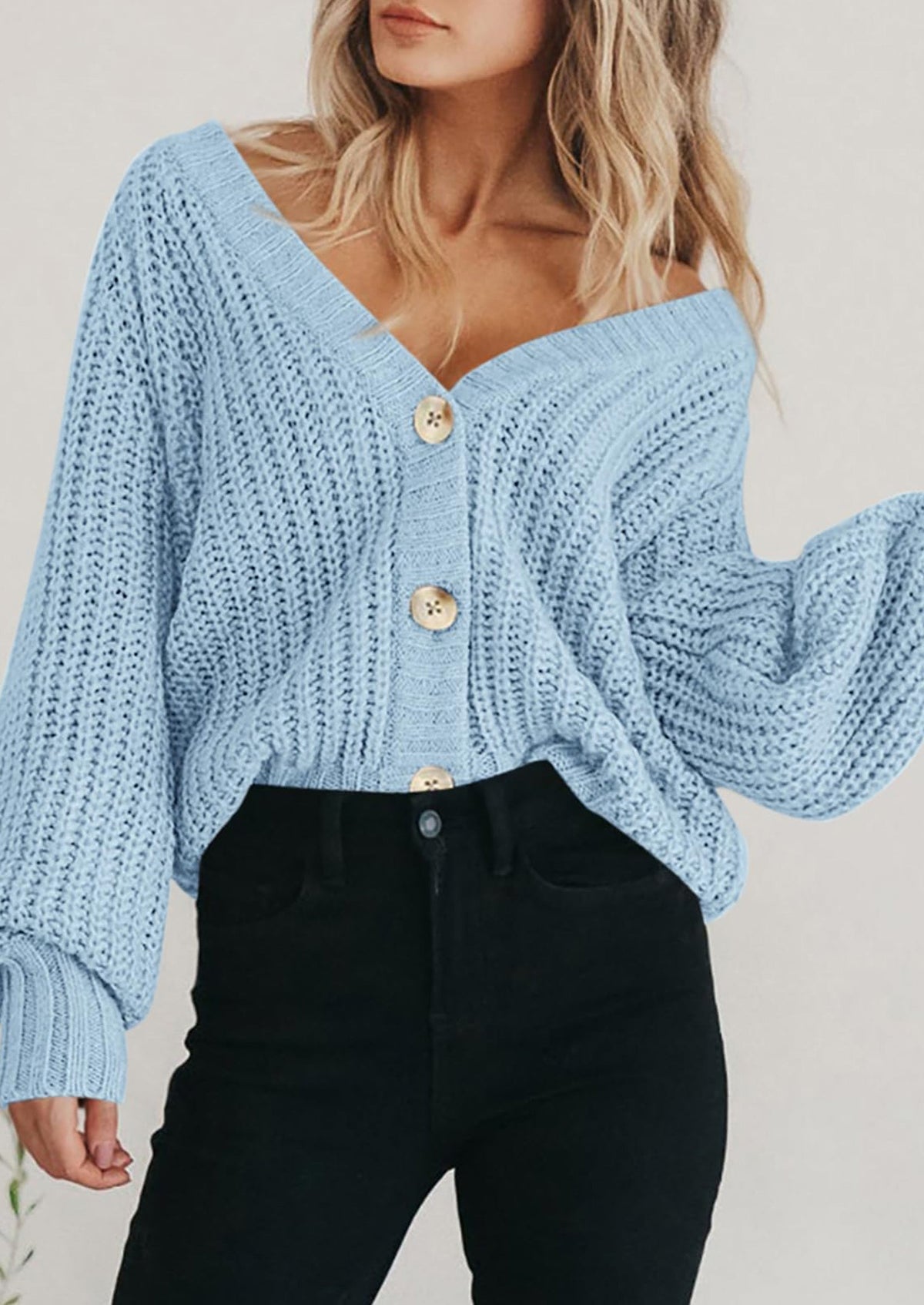 Pisania Women's Chunky Knit Open Front Sweater Long Sleeve Button Loose Short Cardigan Outerwear Coats