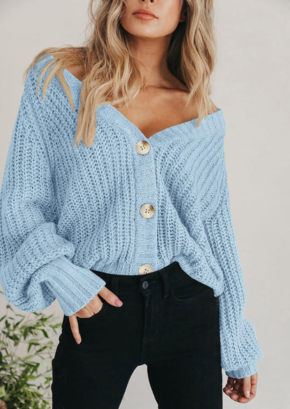 Pisania Women's Chunky Knit Open Front Sweater Long Sleeve Button Loose Short Cardigan Outerwear Coats