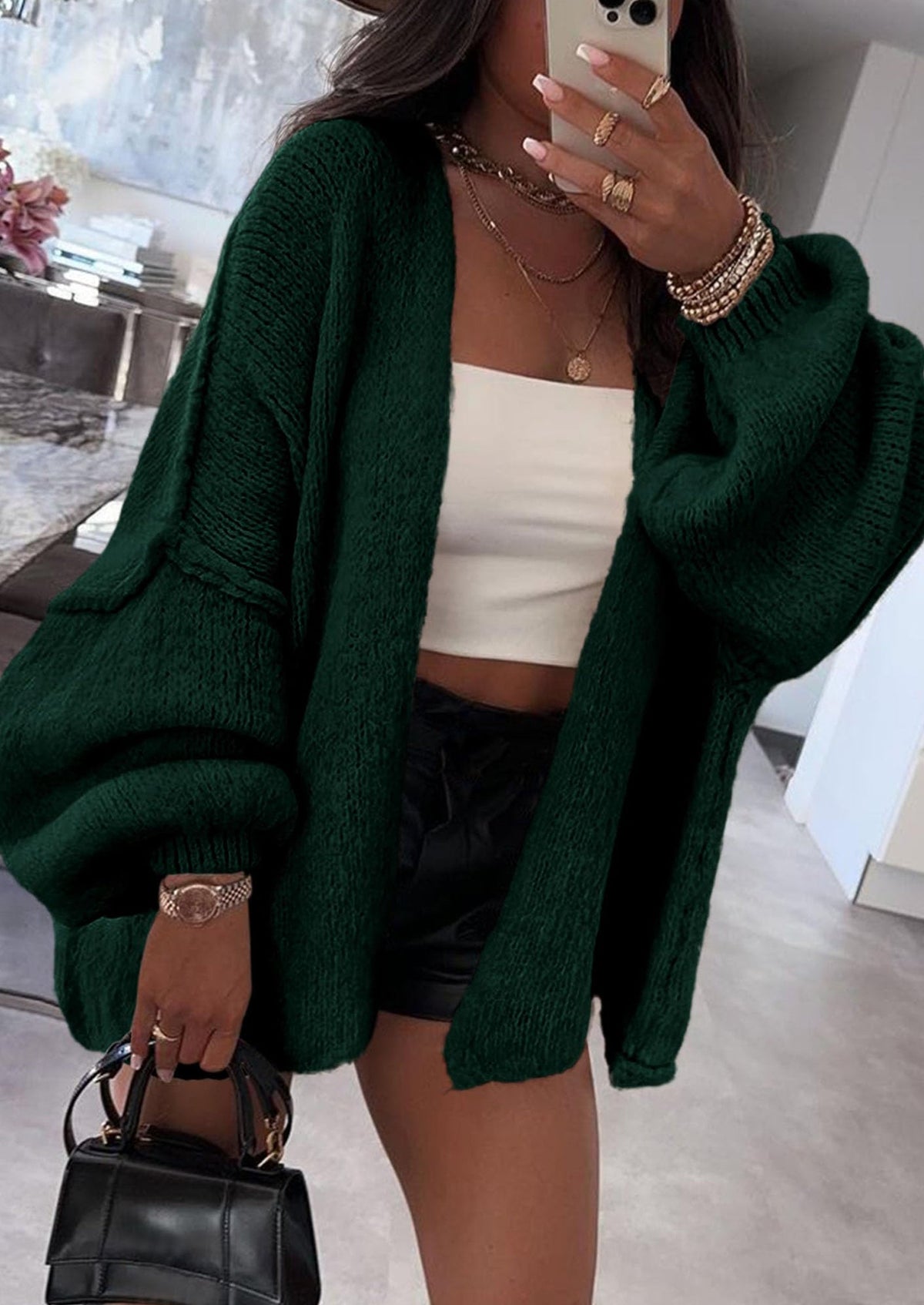 Pisania Womens Oversized Cardigan Sweaters Fall Long Lantern Sleeve Knit Open Front Lightweight Sweater