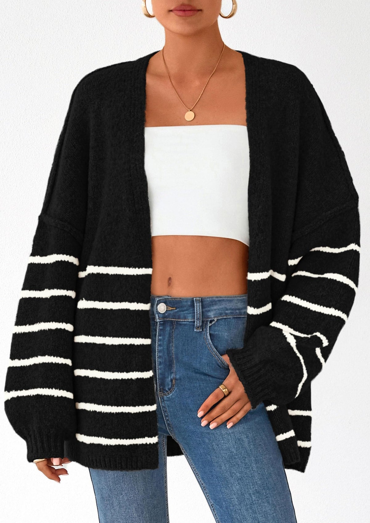 Pisania Womens Oversized Cardigan Sweaters Fall Long Lantern Sleeve Knit Open Front Lightweight Sweater
