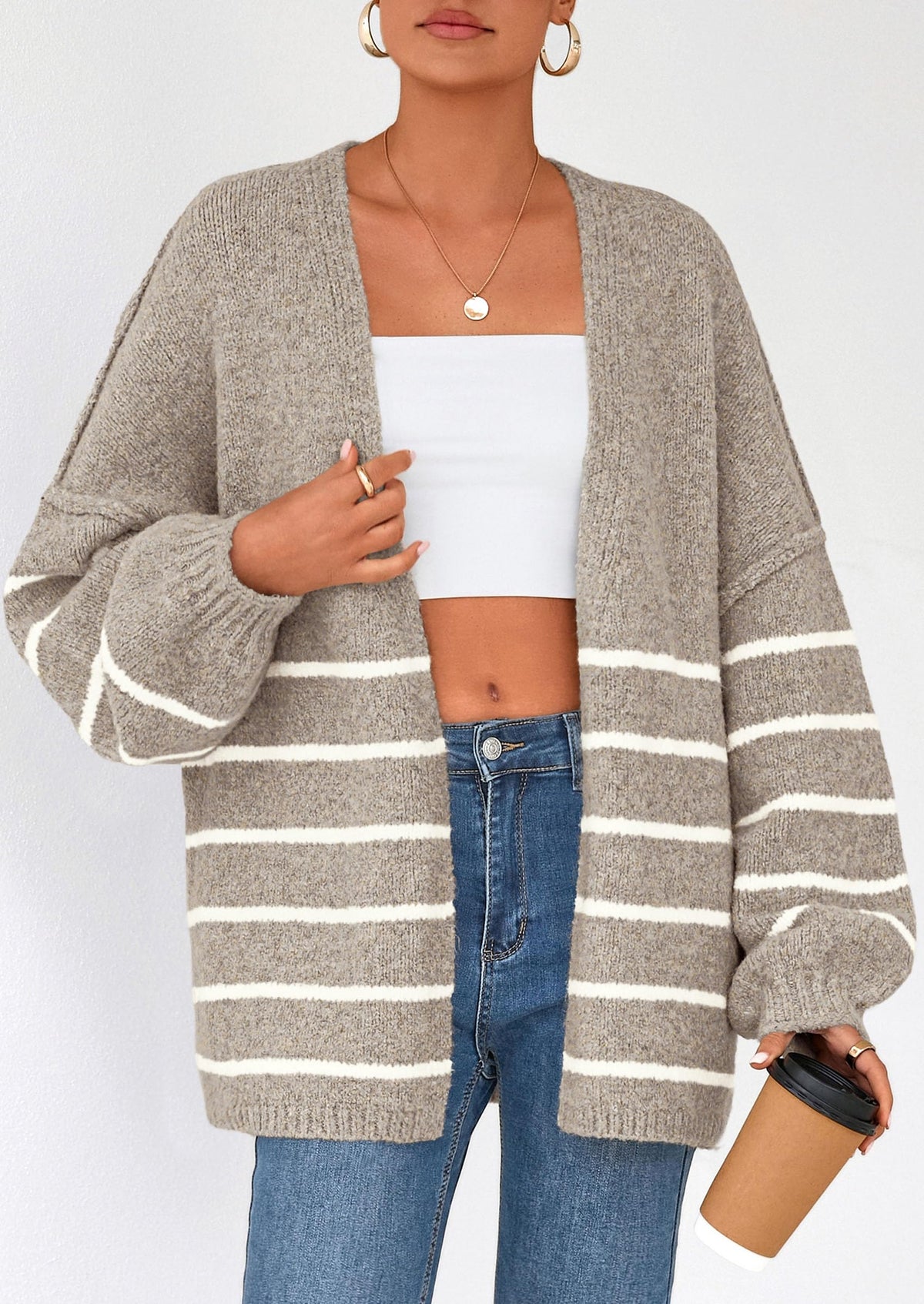 Pisania Womens Oversized Cardigan Sweaters Fall Long Lantern Sleeve Knit Open Front Lightweight Sweater