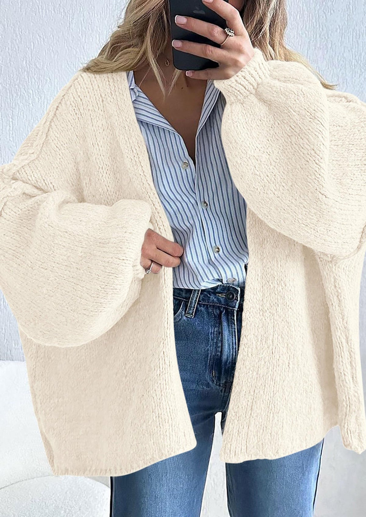 Pisania Womens Oversized Cardigan Sweaters Fall Long Lantern Sleeve Knit Open Front Lightweight Sweater