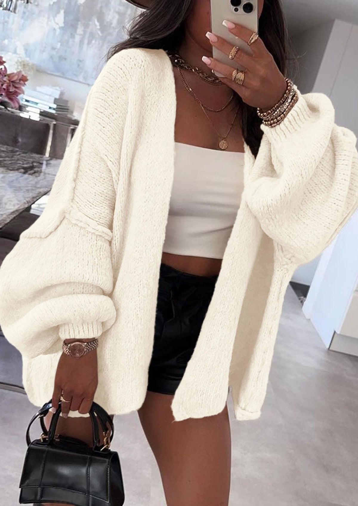 Pisania Womens Oversized Cardigan Sweaters Fall Long Lantern Sleeve Knit Open Front Lightweight Sweater