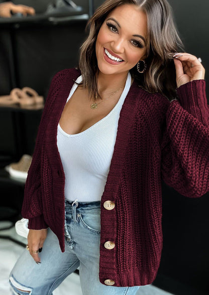Pisania Women's Chunky Knit Open Front Sweater Long Sleeve Button Loose Short Cardigan Outerwear Coats