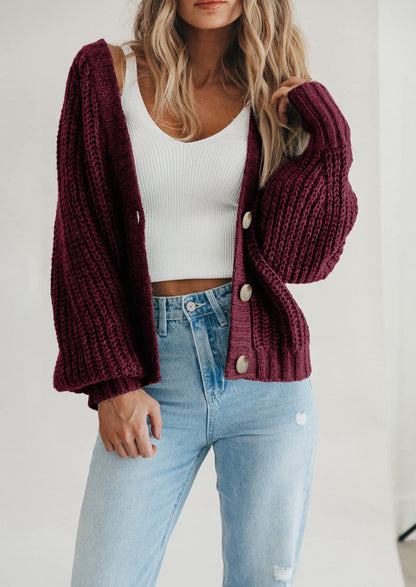 Pisania Women's Chunky Knit Open Front Sweater Long Sleeve Button Loose Short Cardigan Outerwear Coats
