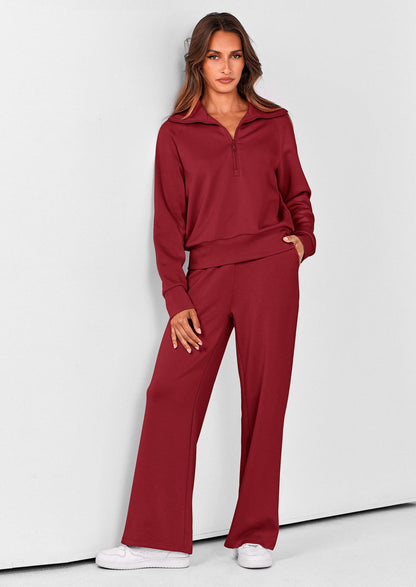 Pisania Women's 2 Piece Outfits Casual Lapel Half Zip Sweatshirts And Wide Leg Pants Tracksuit Sets