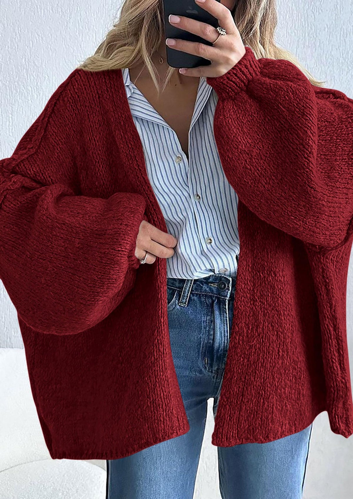 Pisania Womens Oversized Cardigan Sweaters Fall Long Lantern Sleeve Knit Open Front Lightweight Sweater